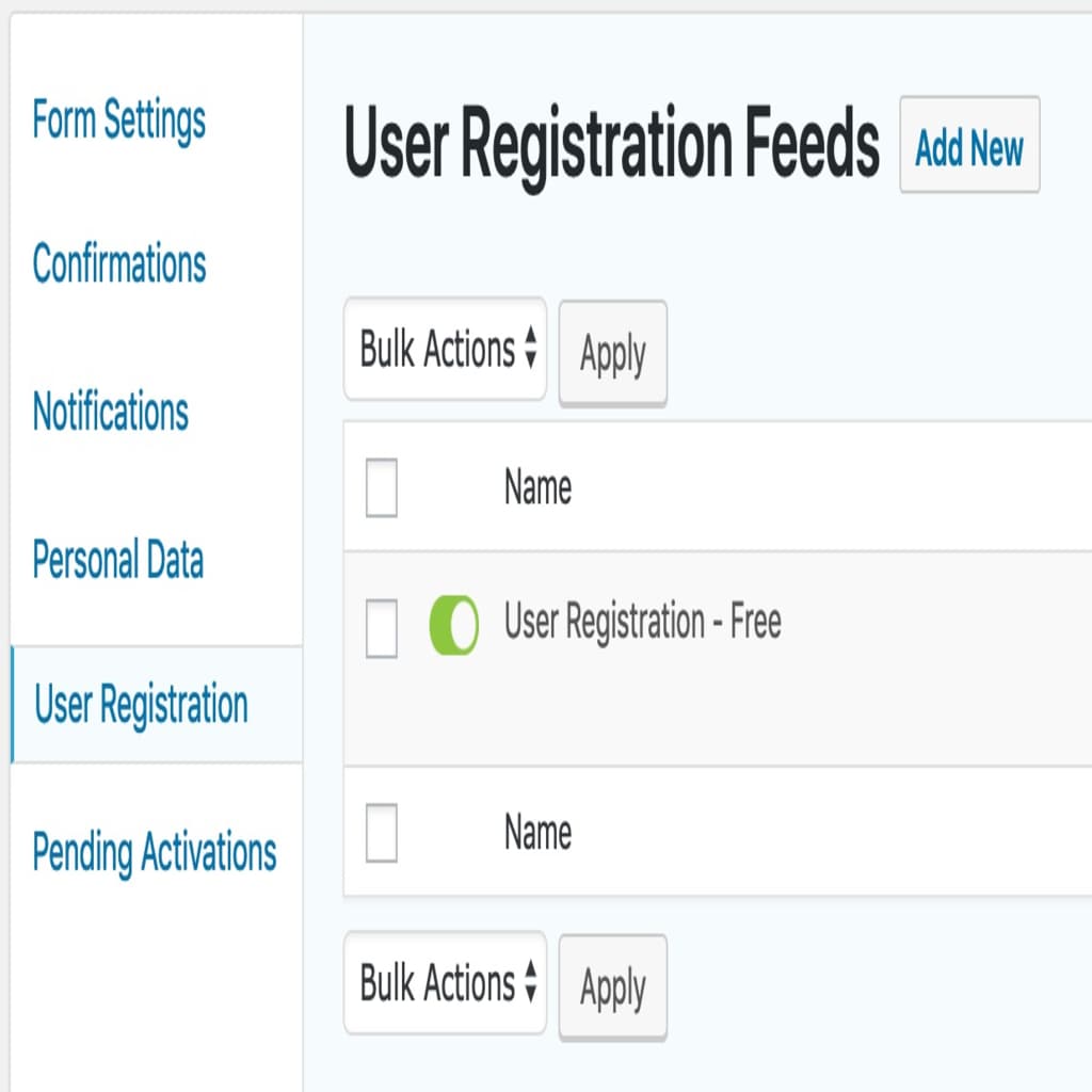 Gravity Forms user registration feed page