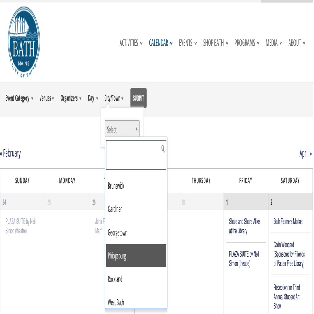 search events by city or location on visitbath.com
