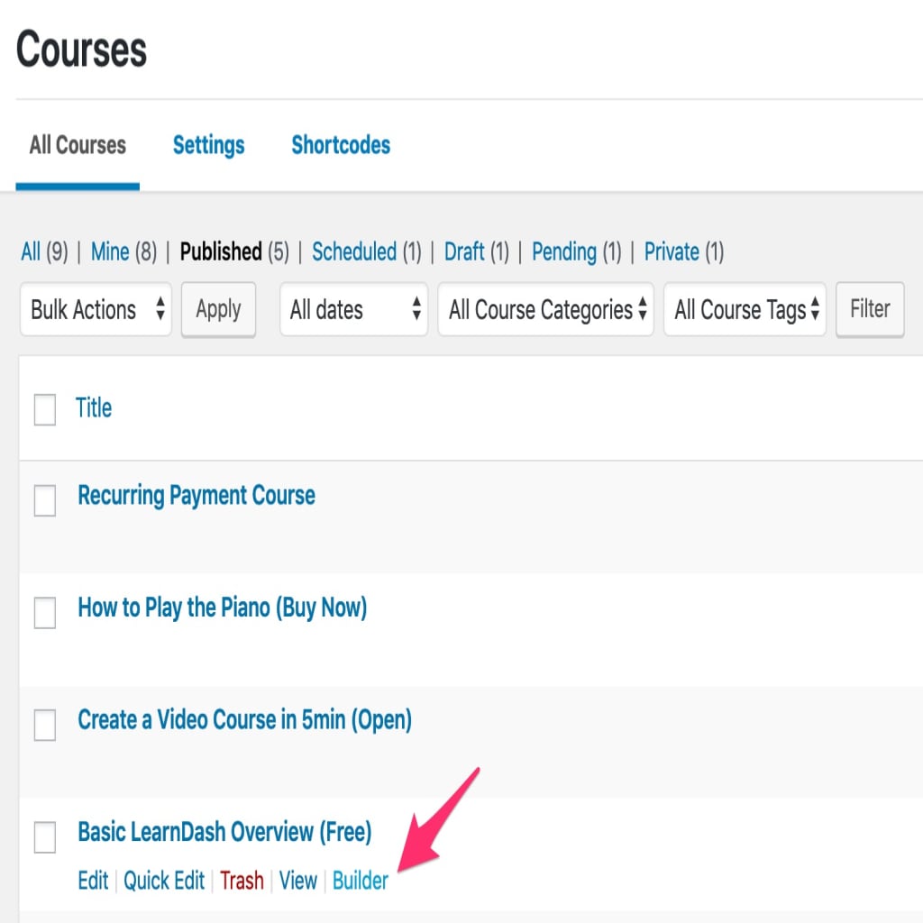LearnDash course builder link on all courses