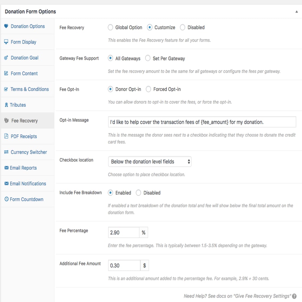 The Fee Recovery Per Form Settings