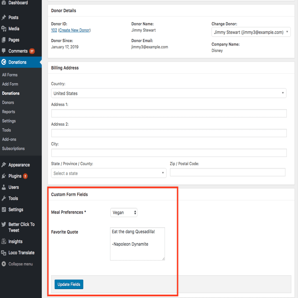 screenshot of the back end of an individual donation. Easter egg: donor's name is Jimmy Stewart. The Custom Fields section is called out with a red rectangle.