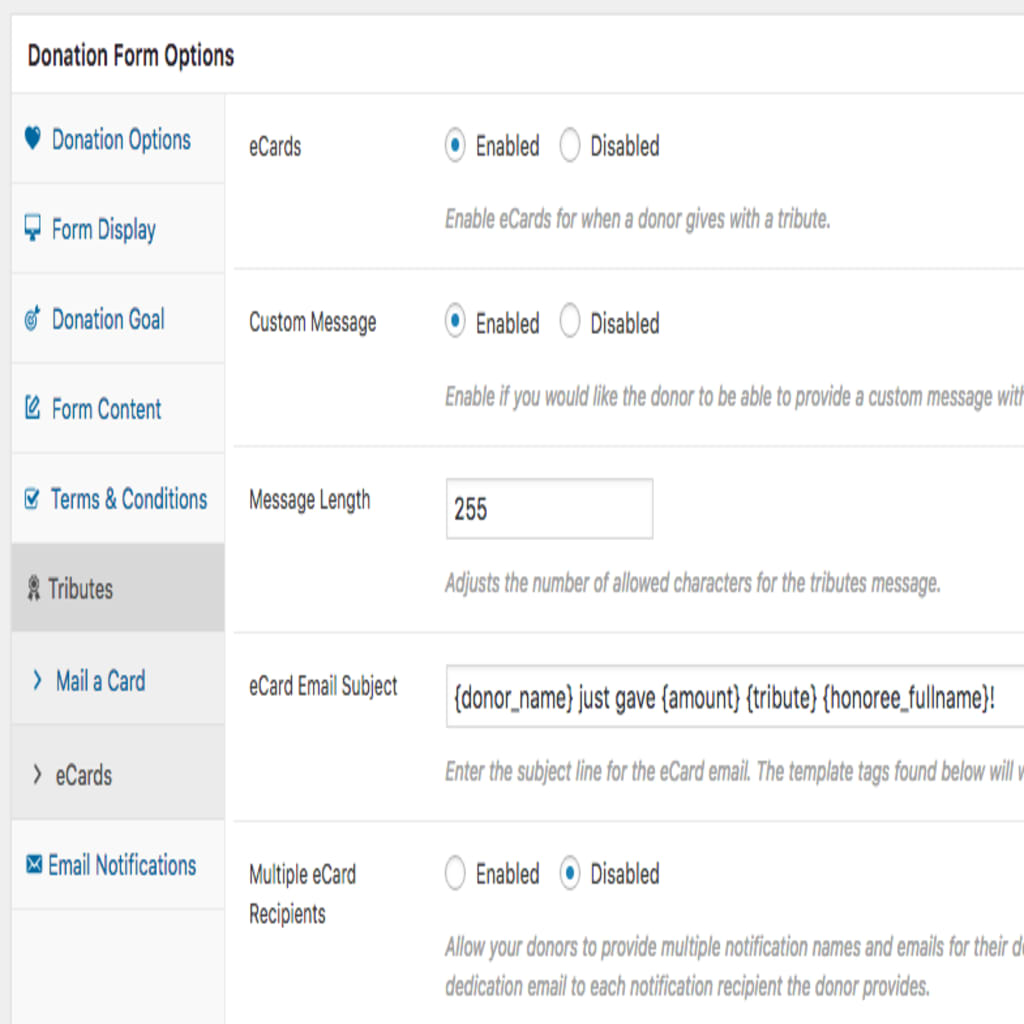 Ecard setup tributes screen.