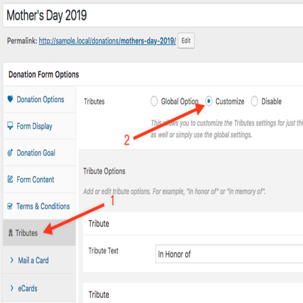 Single form Tributes settings
