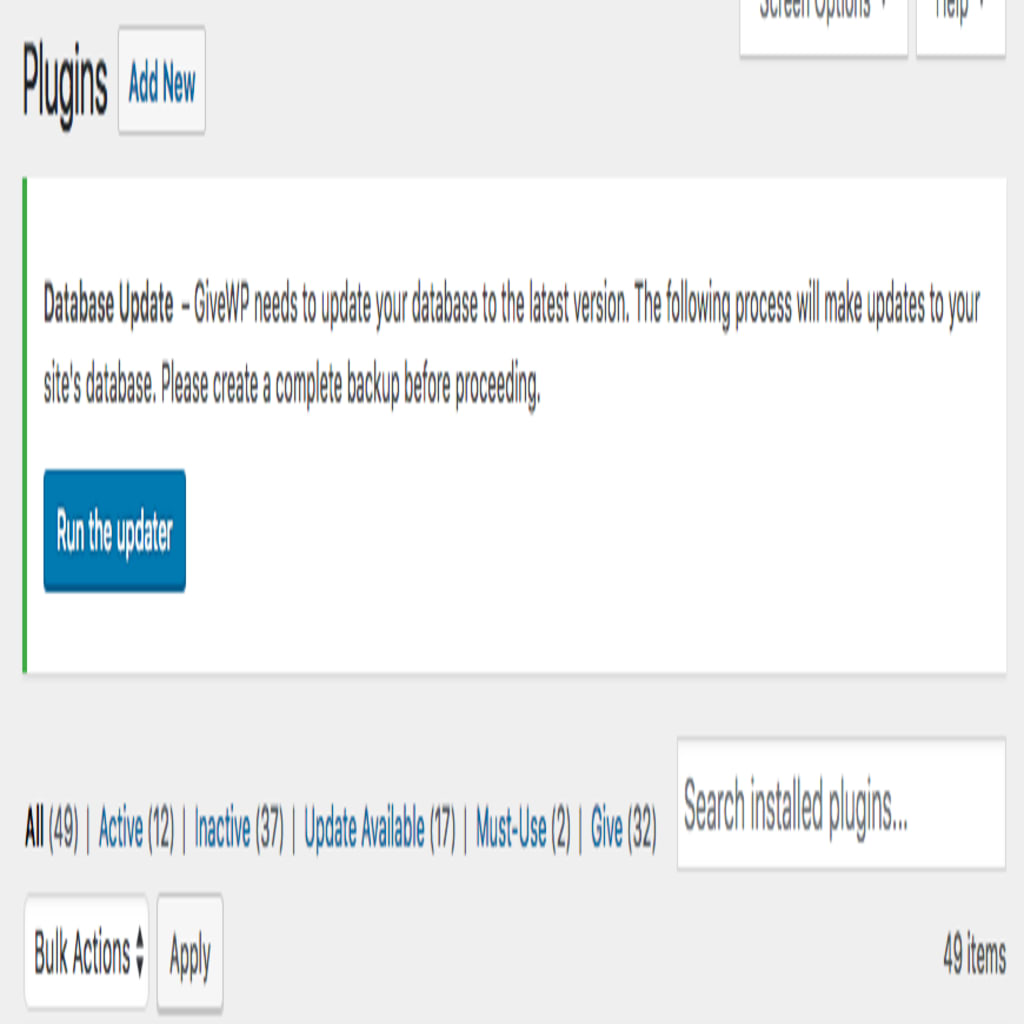 screenshot of an alert on the top of the plugins page in a WordPress back end telling the site admin to update the database.