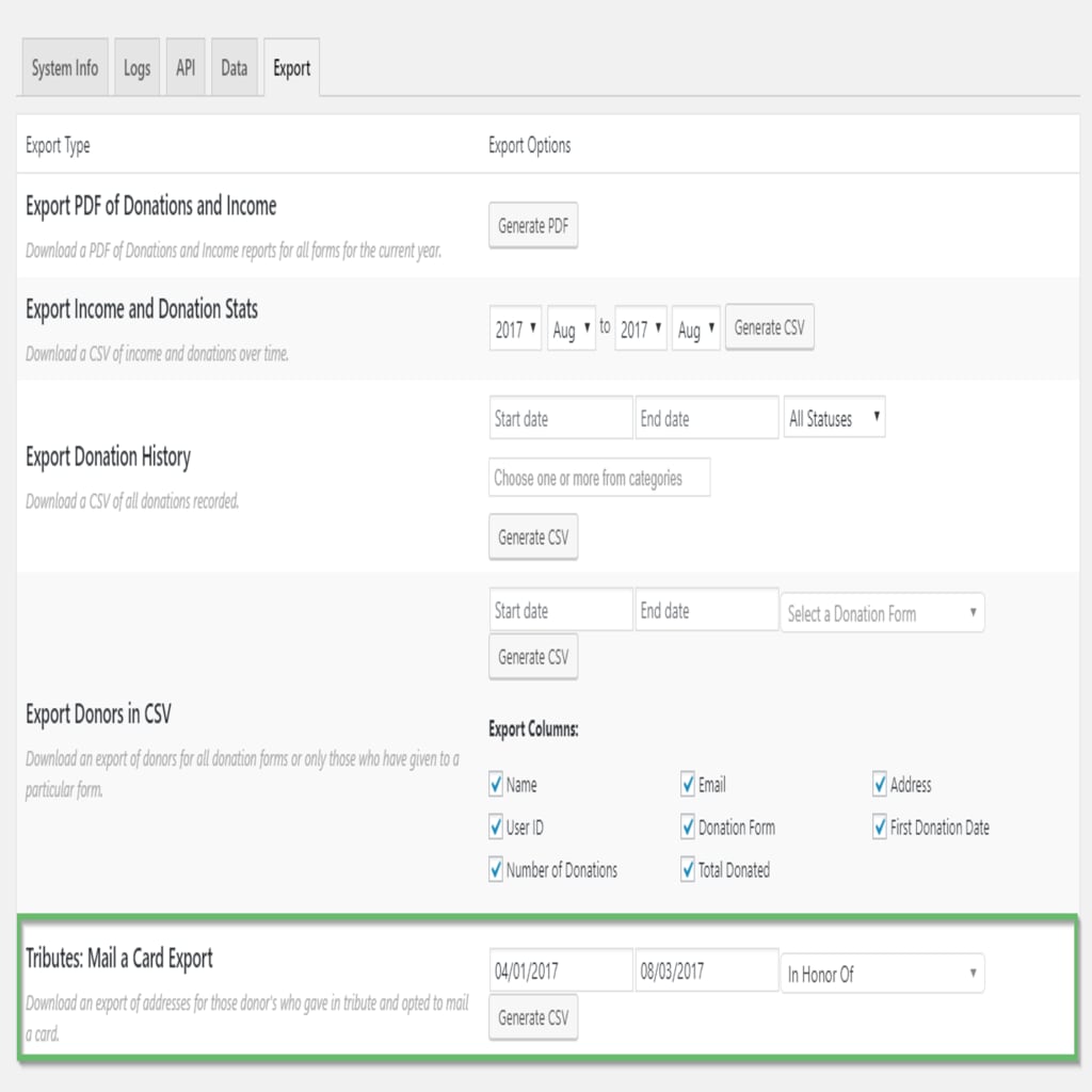The Give Tributes Mail a Card Export tool.