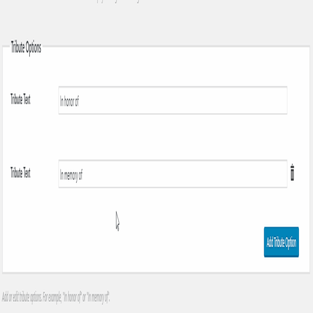 Customizing your Tribute types in the Give Tribute settings screen.