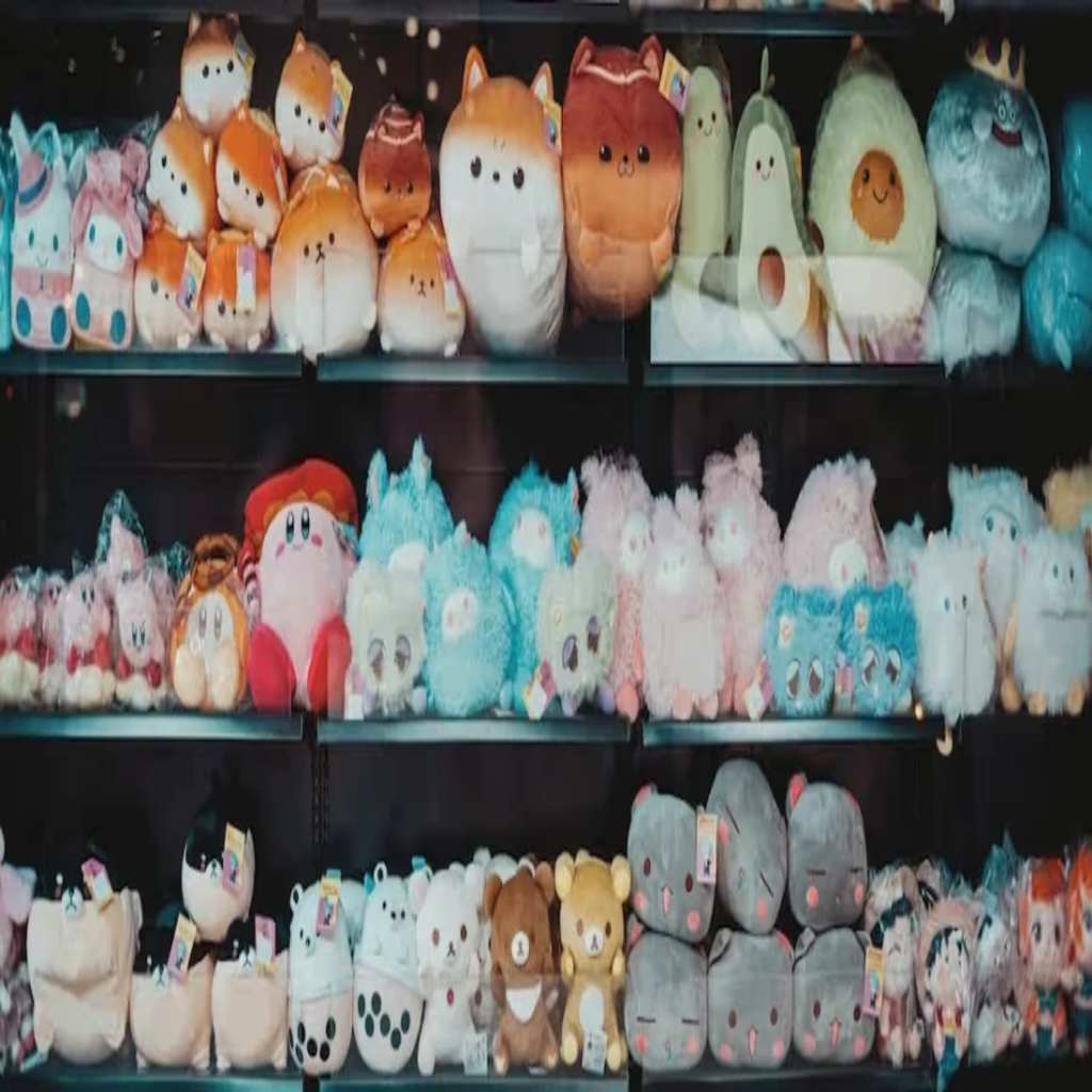 simple products: stuffed animals on shelves