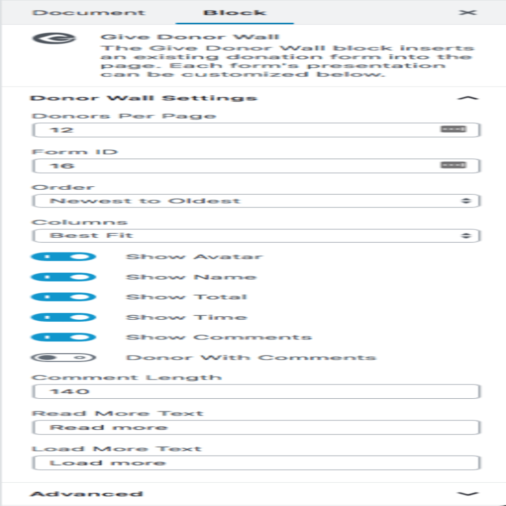 Donor Wall Block Settings