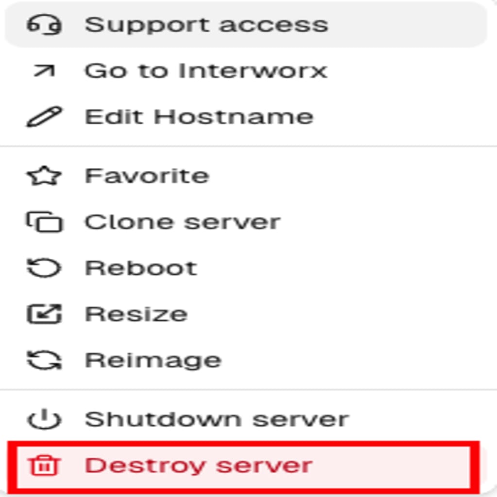 destroy server option highlighted in three dot menu