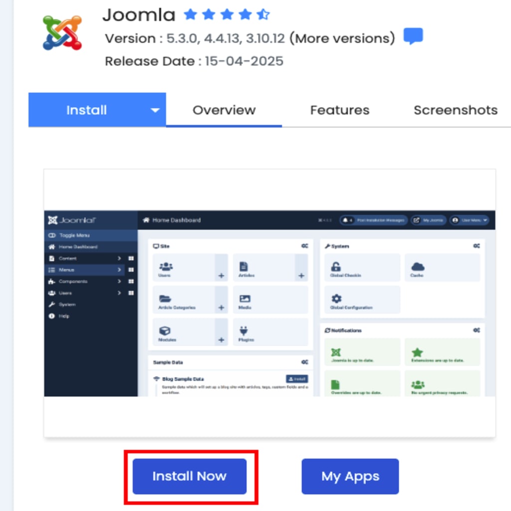 Install Now button highlighted for Joomla install