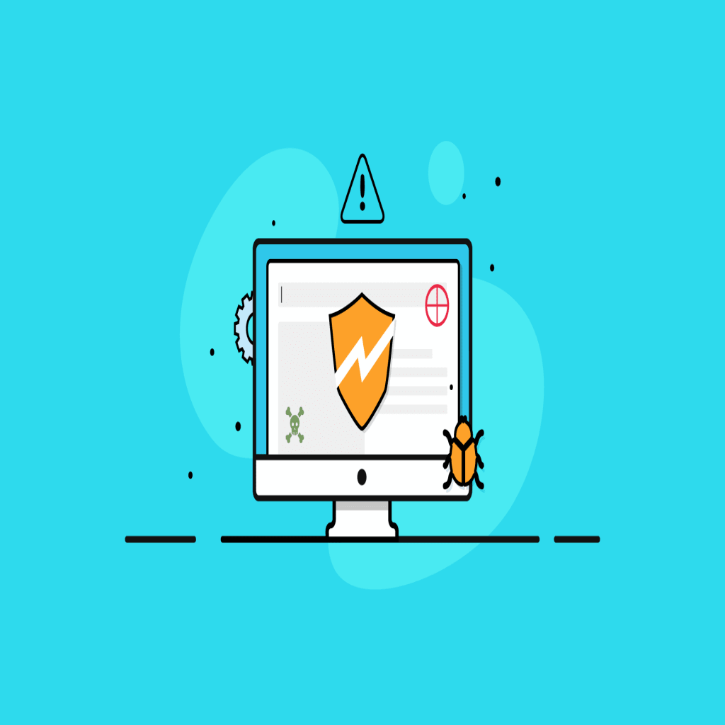 A computer riddled with security issue alerts. There is a large, orange shield with a slash in the middle of the screen. Surrounding it are a red target, a green skull and crossbones, an orange �bug�, a triangle with an explanation point in the middle and a gray gear.