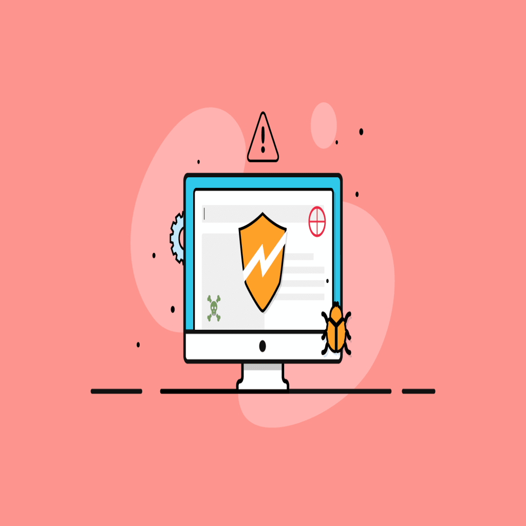 A computer riddled with security issue alerts. There is a large, orange shield with a slash in the middle of the screen. Surrounding it are a red target, a green skull and crossbones, an orange �bug�, a triangle with an explanation point in the middle and a gray gear.