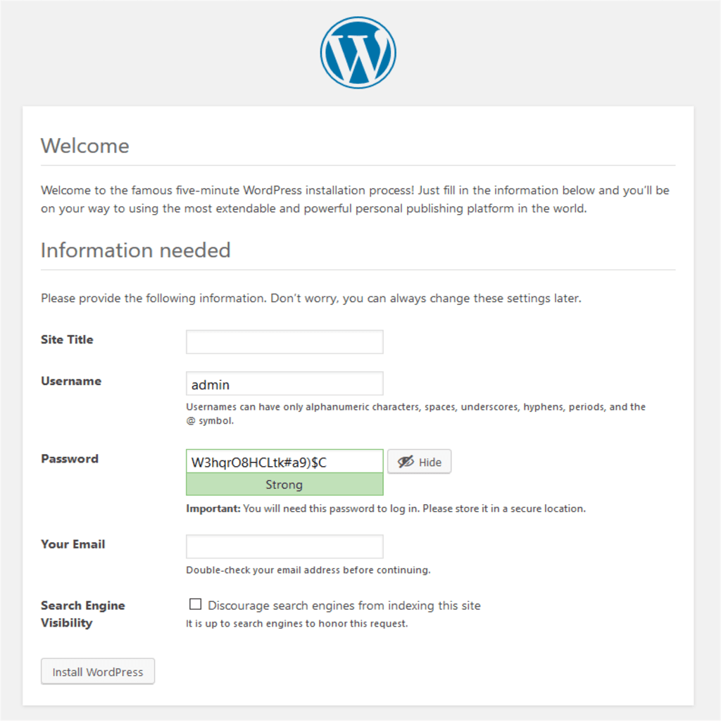 WordPress install settings