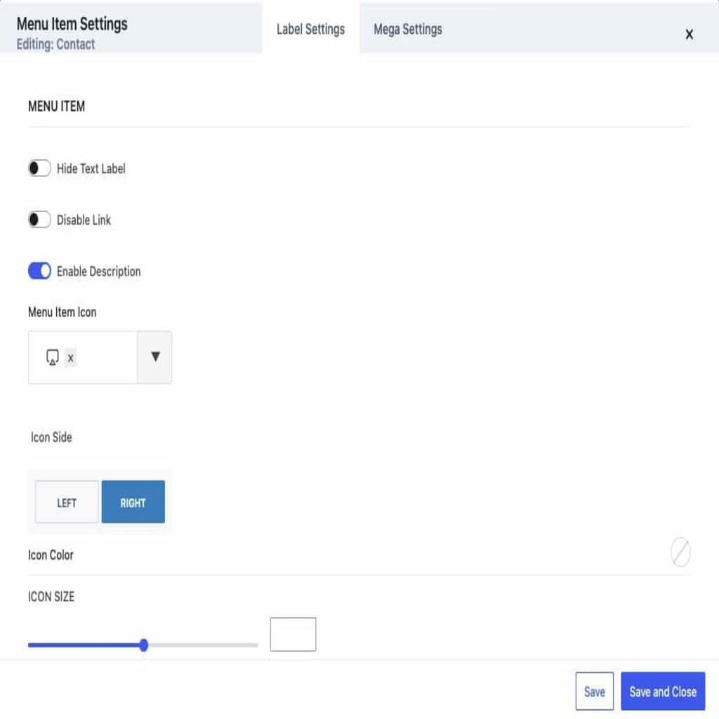 Mega Menu Item Settings