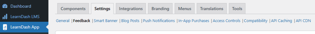 Screenshot of LearnDash App Feedback settings menu