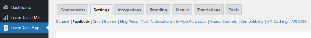 Screenshot of LearnDash App Feedback Settings Menu