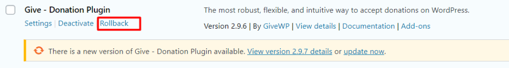 wp-rollback link displayed below plugin