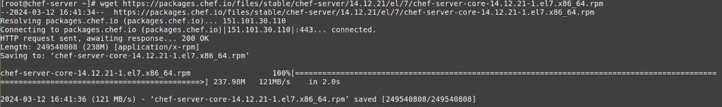 Visit the Chef downloads page and download the latest version of the Chef Server to ensure you have access to the latest security updates, stability improvements, and new features. After you run the wget command, the output will look like the output shown here.