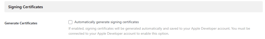 Screenshot of checkbox to automatically generate signing certificates