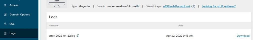 You can find the available log files related to the secondary domain from the Logs tab on the left side of the screen.