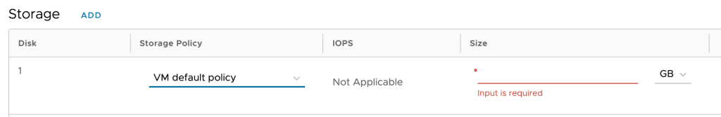 storage policy screen for new vms