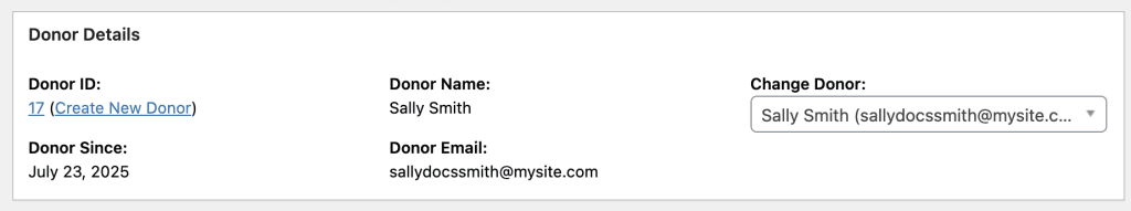 Donor Details screenshot showing the Donor ID with the link to the right to Create New Donor