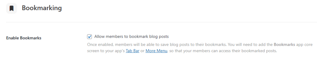 Screenshot of toggle option to allow members to bookmark blog posts