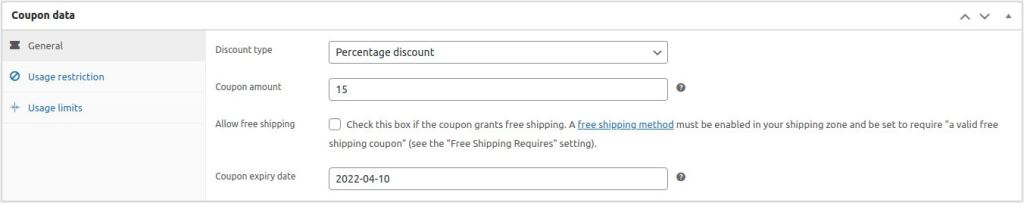 The Coupon data menu allows you to configure your coupons by adding some specific information about its usage, including what kind of a discount it provides and what it can be applied to.