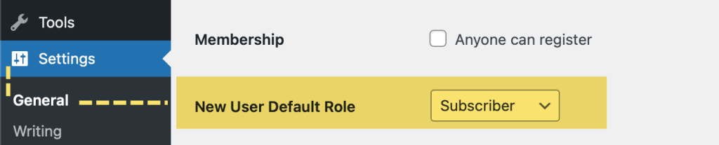 Screenshot showing the path to New User Default Role