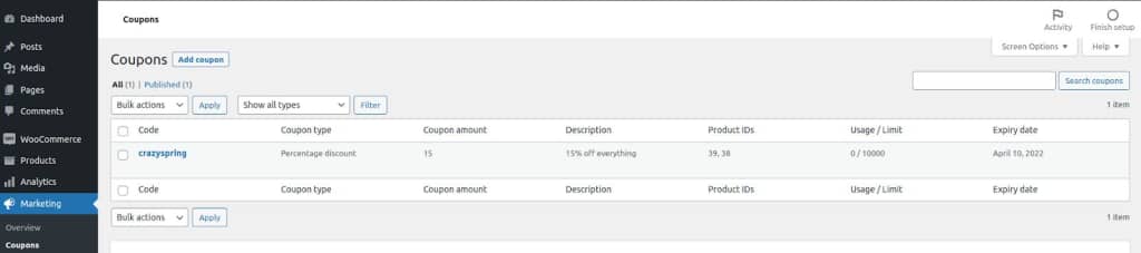 The coupon you created will now be active and appear in the list of your existing coupons.