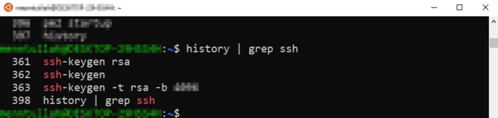 Running the history grep command in the terminal to get a list of previously executed commands containing the word “ssh”.