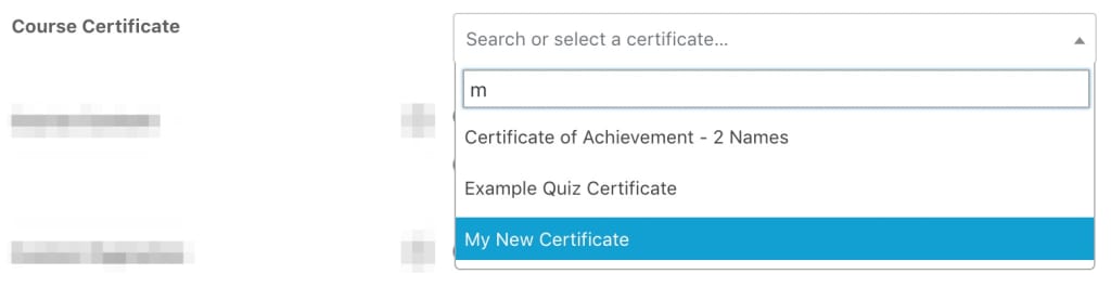 Choosing LearnDash certificate from dropdown
