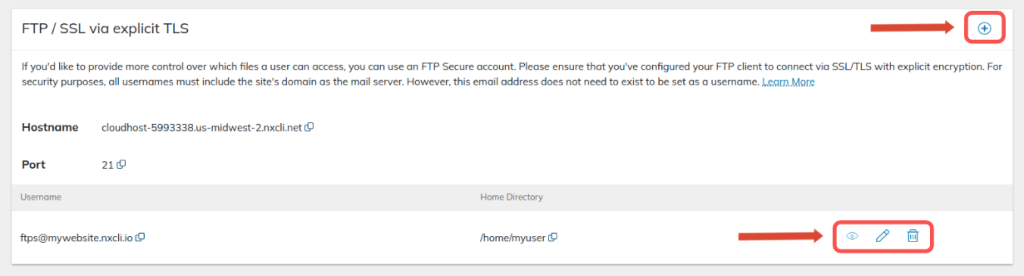 You can add new FTPS users by clicking the Plus button on the top-right side of the section. From here, you can also remove any existing FTPS users or modify their login information and access level.
