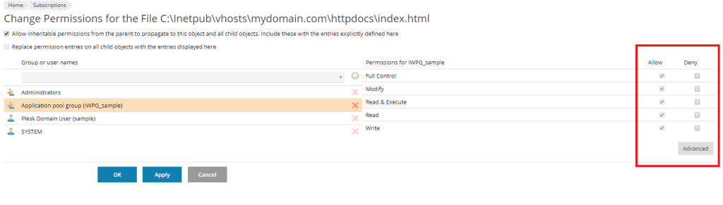 file permissions selection