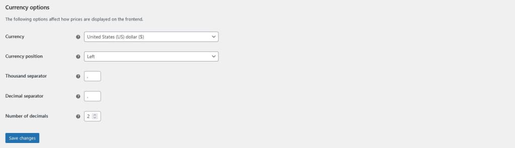 Use the WordPress dashboard to set up currency options for WooCommerce