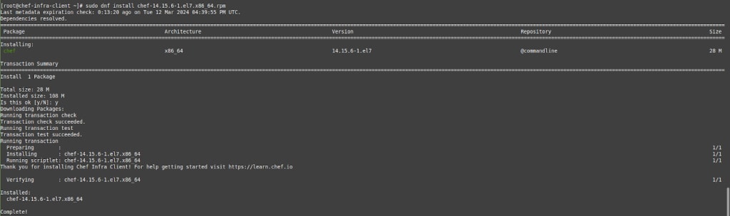 To install Chef Infra Client, run the dnf install command, which generates this output.