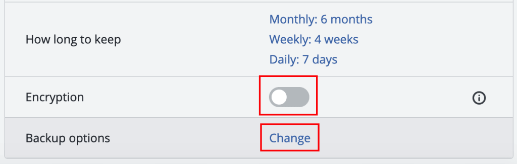 encryption and application backup option screen