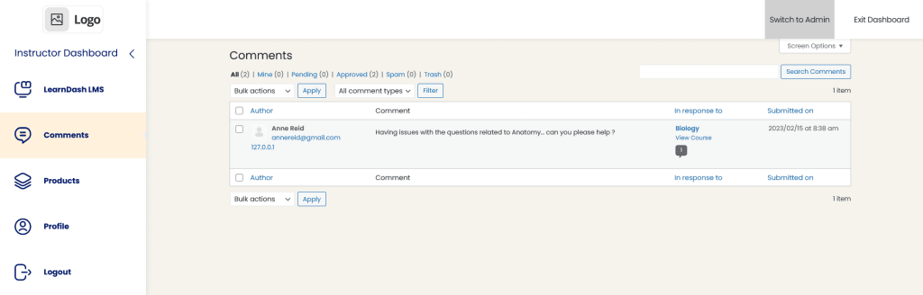 Comments screen on Instructor Dashboard