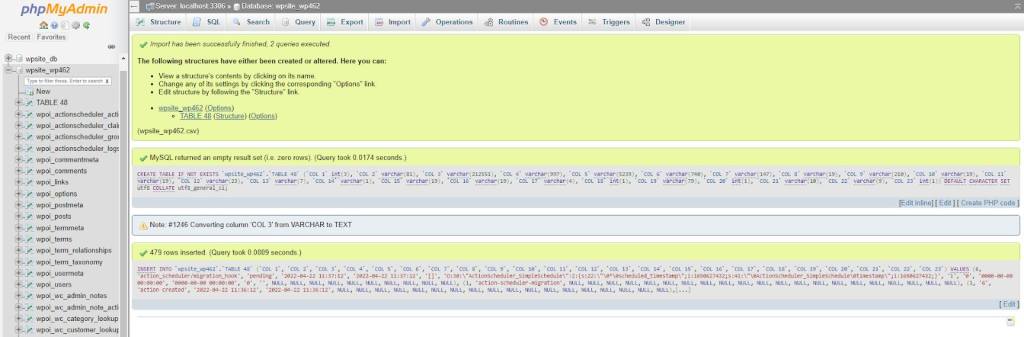 Once ready, click on Go and phpMyAdmin will restore the database from the file you provided. phpMyadmin will provide you with the detailed output when the database backup is successfully imported.