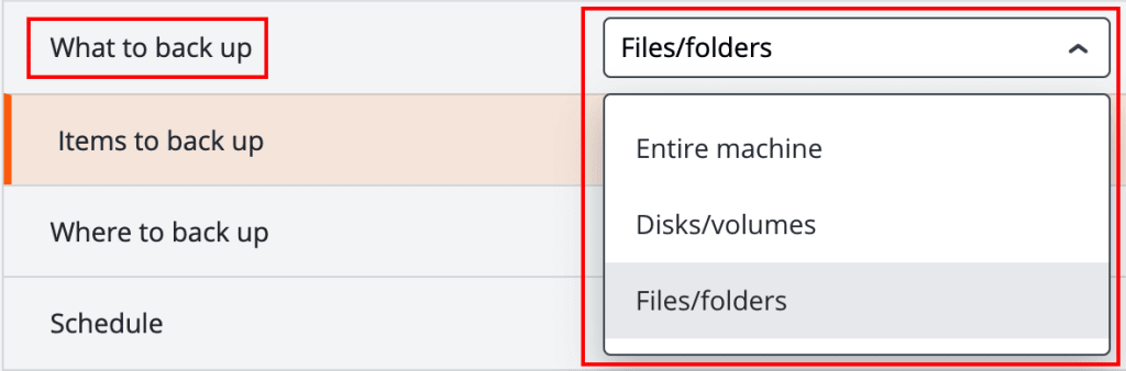 what to backup selection highlighted
