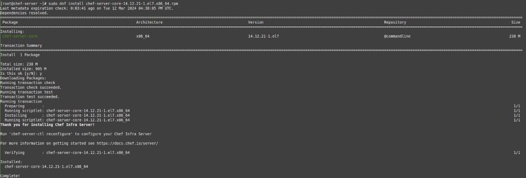 To install Chef Server, run the dnf install command. The output is shown here.