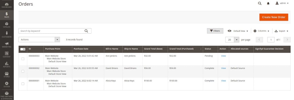The orders interface in the Magento 2 admin panel