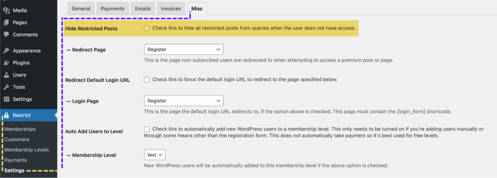 Screenshot highlighting the path to the Hide Restricted Posts checkbox