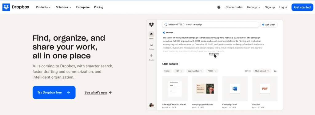 Image of Dropbox homepage