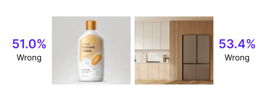 Side by side comparison of a shampoo bottle and refrigerator compared to a human-created image vs AI.