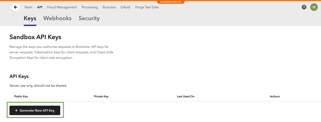 The page where the user can create the API Keys