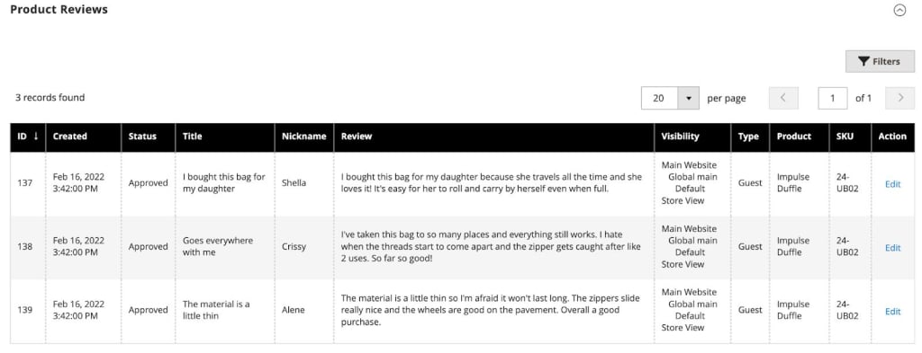 Product review approval table in Magento 2 showing review, author, and product information.