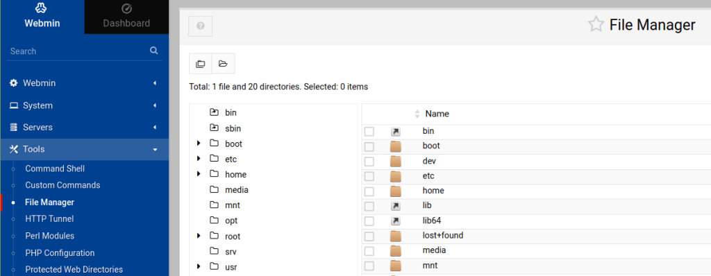 To use the file management functionality, you would explore these options found within Webmin. Locate and select the Tools menu item on the left side of the screen. Next, under Tools, click File Manager. Browse and manage files and directories on the system, including uploading and downloading files as needed.