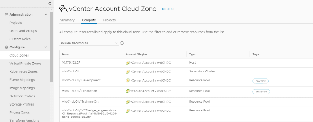 VMware Aria Automation Assembler lets you configure cloud zones.