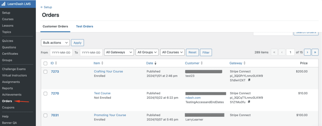 Orders dashboard